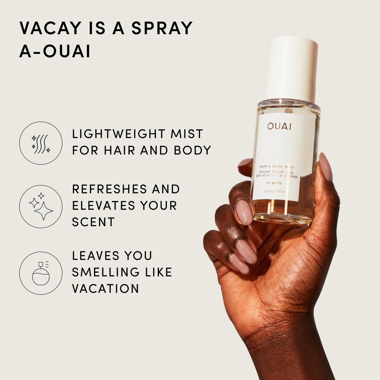 OUAI Bruma capilar y corporal St. Barts - Perfume para el cabello y spray corporal con aroma tropical - Notas de fruta del dragón, flor de azahar, nardo y almizcle (236ml)