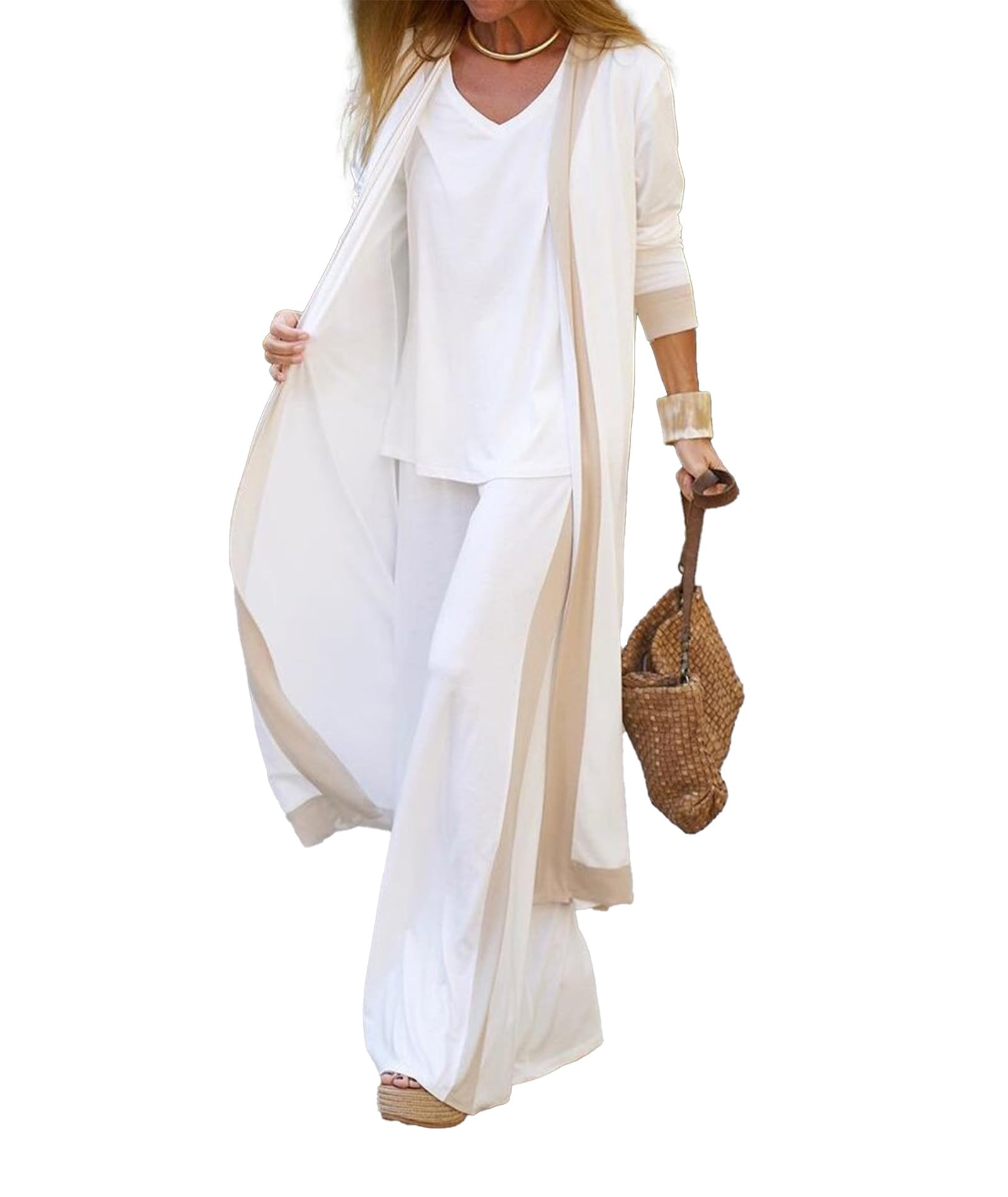 SOMTHRON Women's 3 Piece Outfits Loungewear Sets Long Cardigan Cover up Tank Top Wide Leg Loose Pants Set Tracksuit