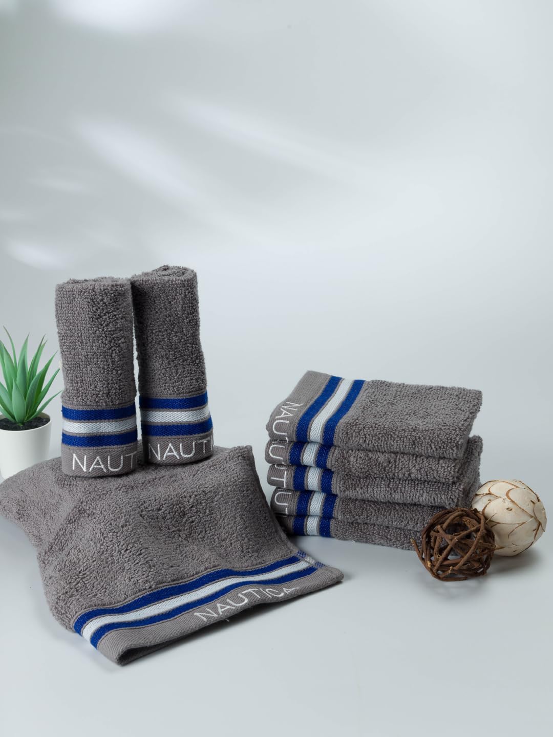 NAUTICA Super Soft Zero Twist 100% Cotton Towel -8pc Face Towel (Vintage Crew Stripe) | 500 GSM | Super Soft Touch Deny-Grey-image-0