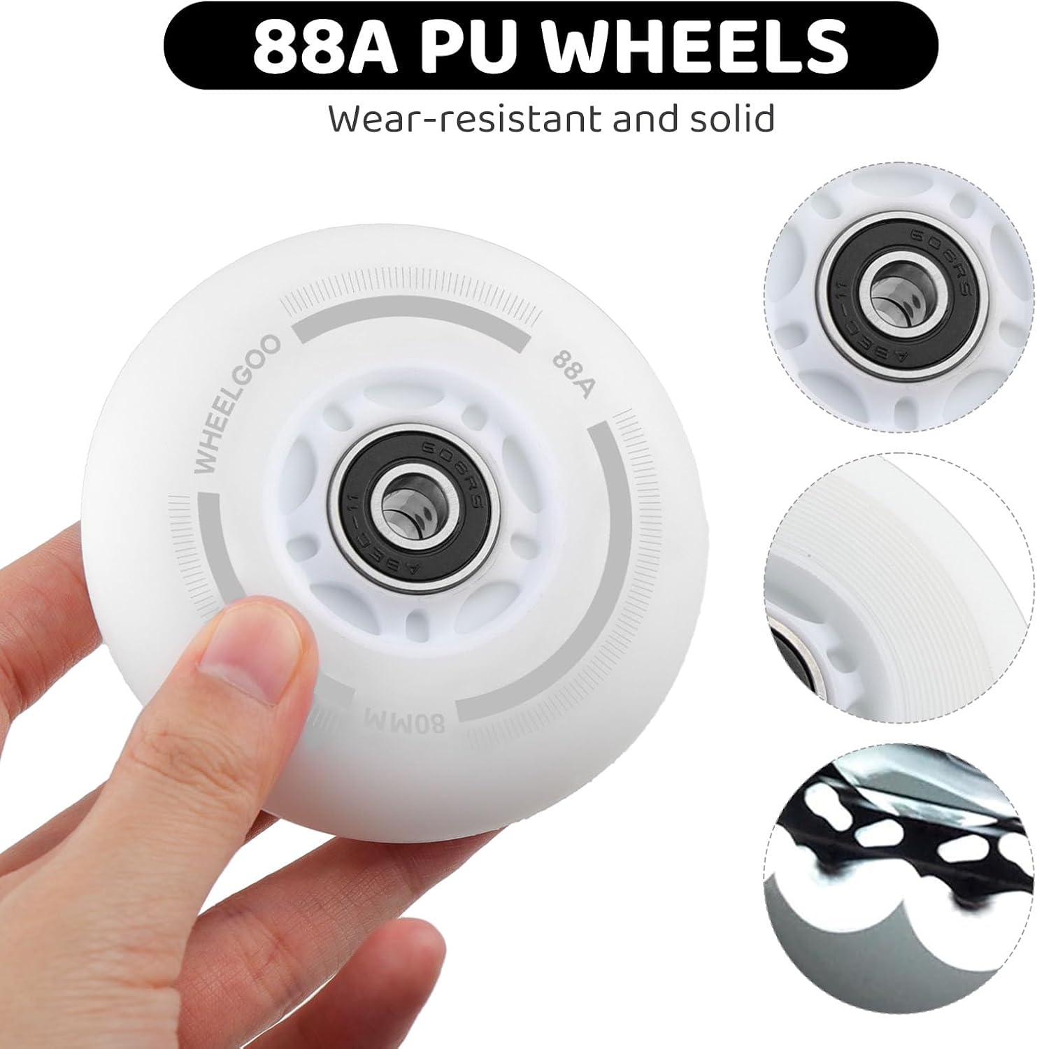 8-Pack LED Light Up Inline Skate Wheels for Kids & Teens, No Battery, PU Wheels with 608RS Bearings, Evening & Night Skating (White, 80mm)