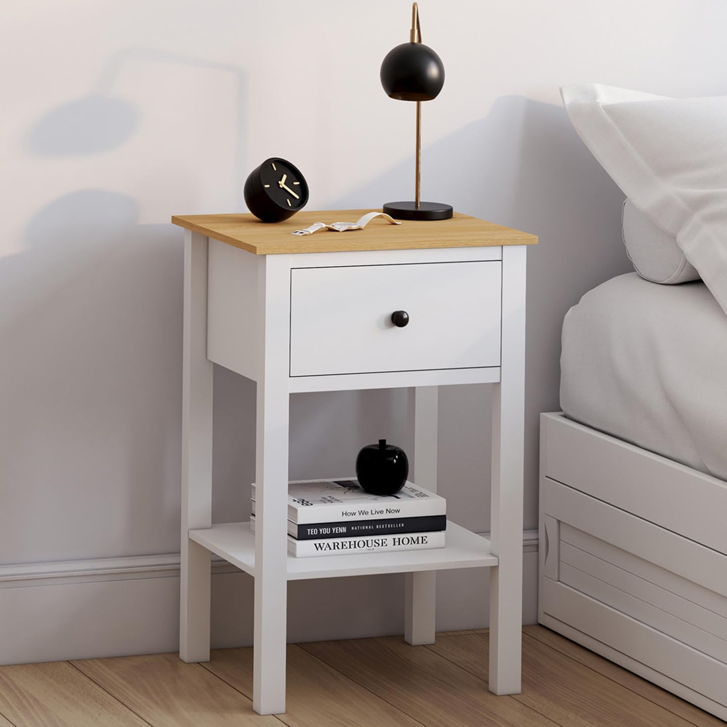 IDMarket – Juego de 2 mesillas de noche Achille con 1 cajón, 1 estante y bandeja, color blanco y tablero de madera