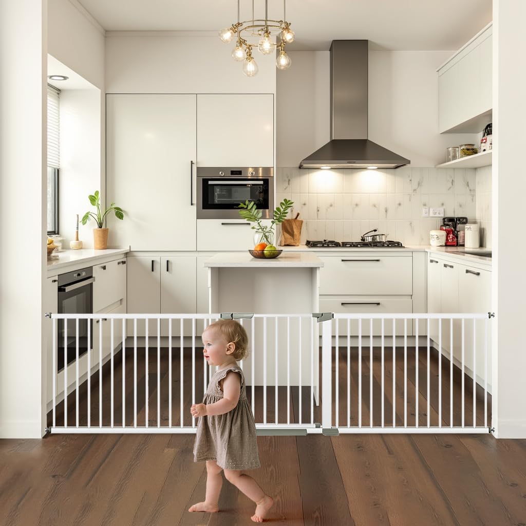 Photo 1 of (85-113 inch Width) Extra Wide Baby Gate Extra Long, Large Dog Gate Indoor, Child Proof Gate, Kiddie Gates, Baby Gate for Doorways. White, Dog Gates for The House. Pressure Mount Pet Gate.