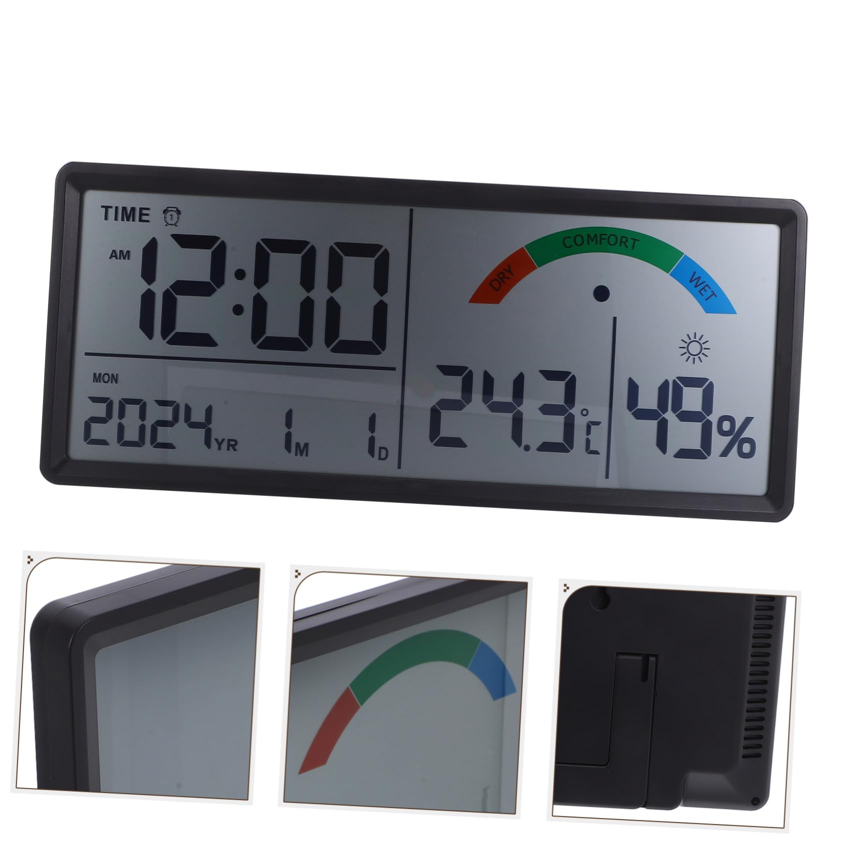 ULTECHNOVO Große Digitale LCD Wanduhr mit Alarm und Feuchtigkeitsmessgerät | Schwarzes Abs Gehäuse, 4 Aa Batterien, für Schlafzimmer und Büro, Klare Anzeige für Senioren