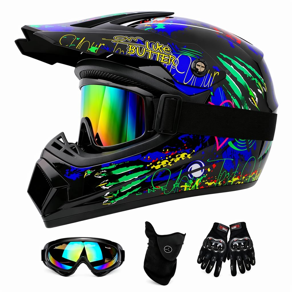 Motocross Helm Kinder, Downhill Motorradhelm für Herren und Damen, Fullface Crosshelm Komplettset mit Handschuhe Maske Brille Inklusive 2 Größen Helmfutter