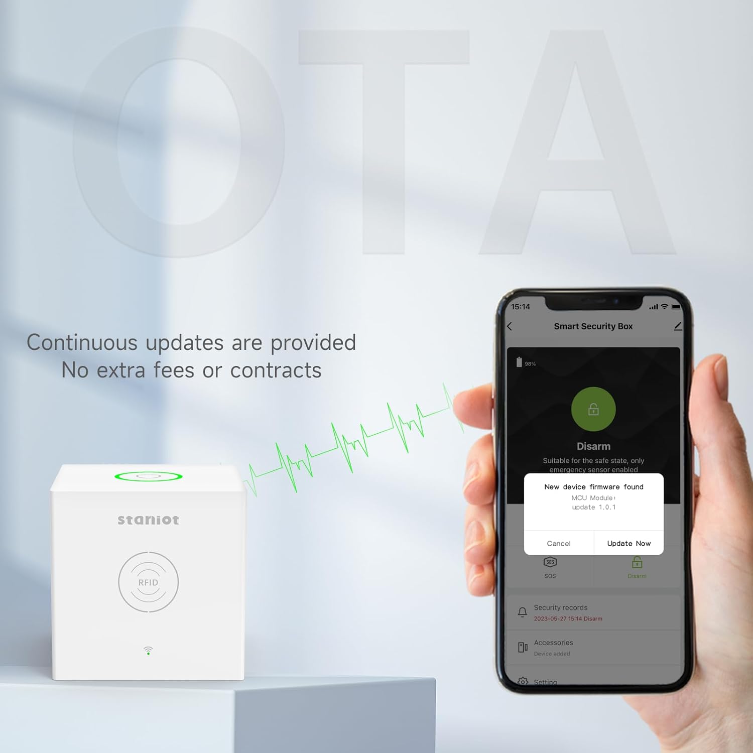 Smartphone screen showing an OTA update prompt for the security system