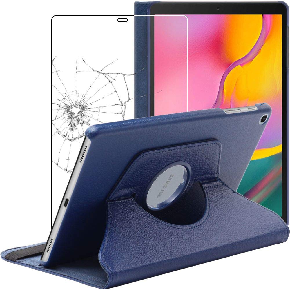 ebestStar - Cover per Samsung Galaxy Tab A 10.1 2019 T510 T515, Custodia Protezione Rotazione 360, Pelle PU, Blu scuro + Vetro Temperato