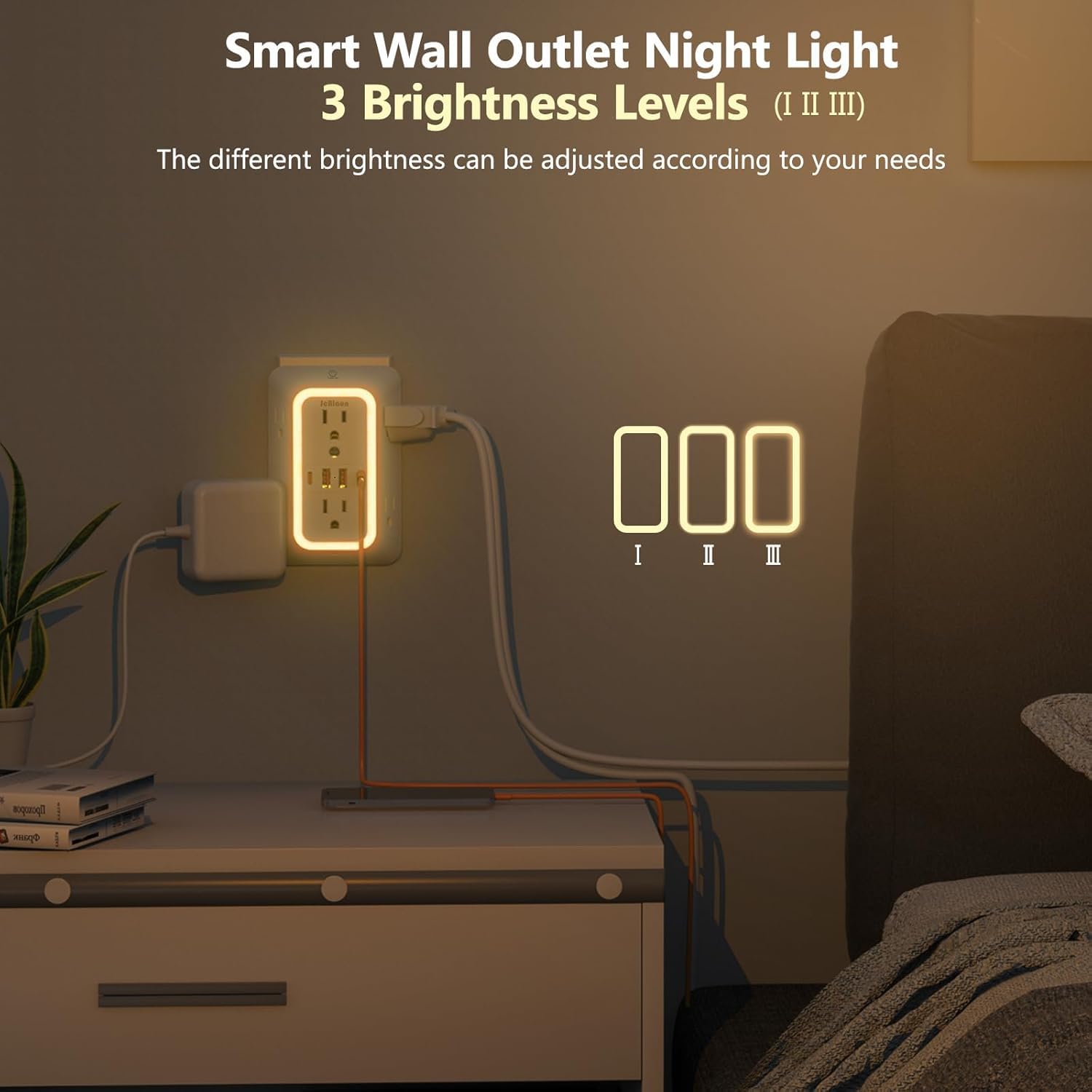 Extensor de salida con luz nocturna, protector de sobretensiones de enchufe múltiple, divisor de 6 salidas con 4 salidas USB (2 USB A, 2 USB C) Adaptador de pared de 3 lados para el hogar, viajes y