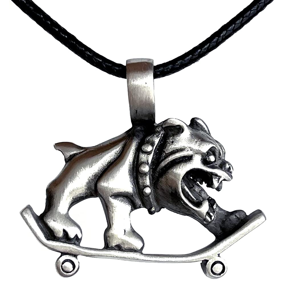 Bulldog dog K9 Skater on Skateboard X-game Xtreme sport Jack Bull-Dog Georgetown Silver Pewter Men's Pendant Necklace Wealth Fortune Lucky Charm Protection Amulet w Black Leather Cord