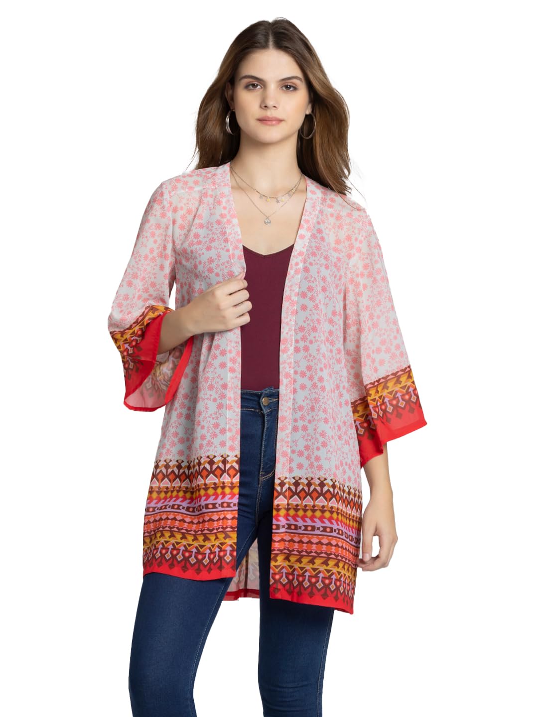 shaye Pink Floral Printed Open Front Longline Kimono Shrug for Women-picture-26