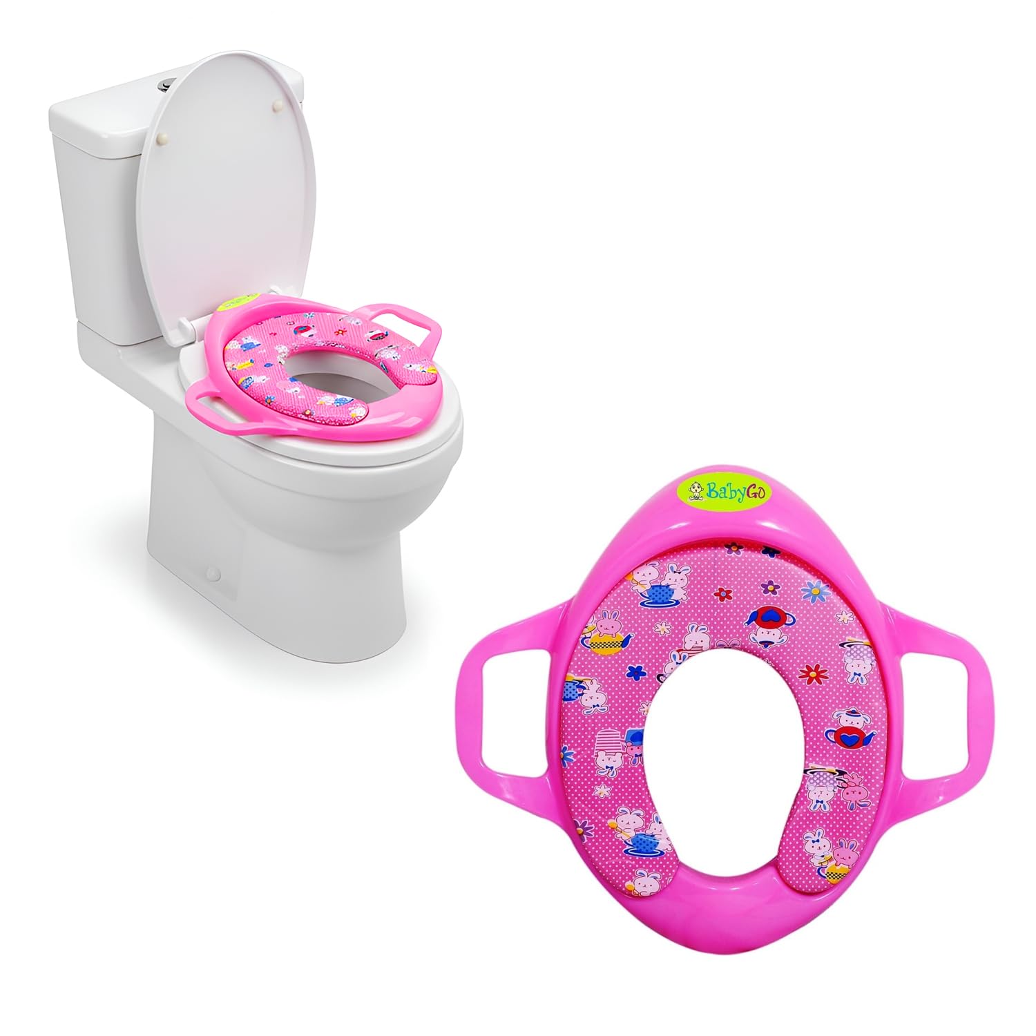 BabyGo Travel Toddler Potty Seat - Kids Toilet Training Cover - Portable and Soft Cushion Durable Potty Trainer Comfortable Seat with Support Handles for Kids (Pink)