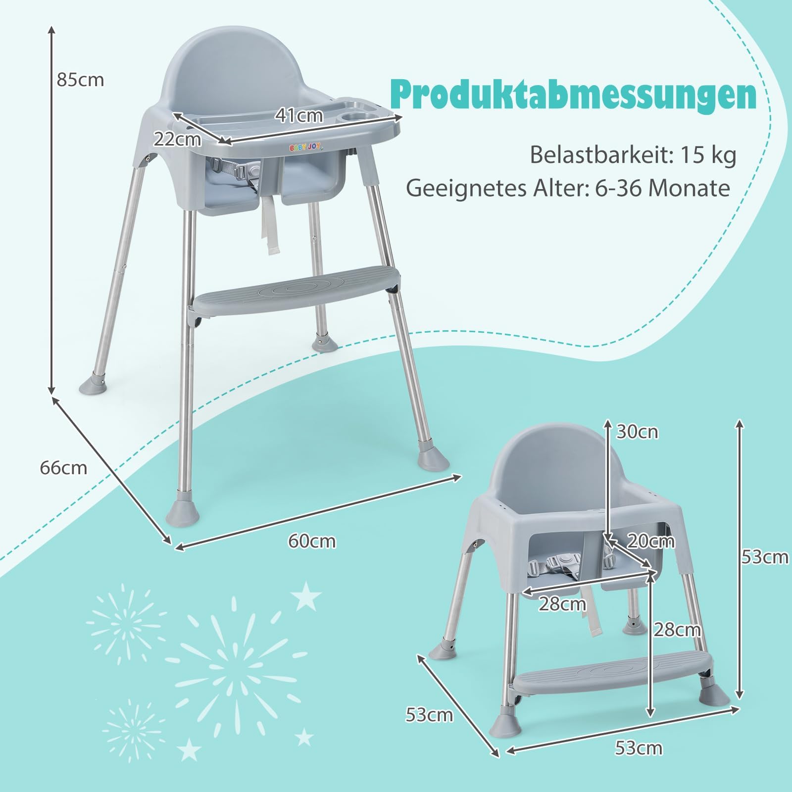 COSTWAY Trona 4 en 1 de polipropileno y acero inoxidable, convertible con bandeja doble extraíble, cinturón de seguridad de 3 puntos, silla para bebés de 6 a 36 meses (gris)