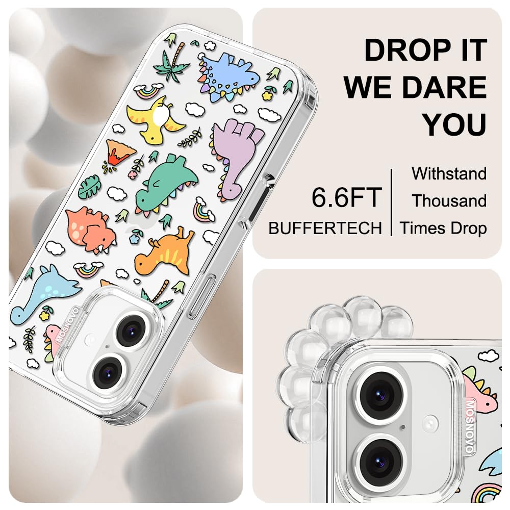MOSNOVO Case for iPhone 16 Plus, [Buffertech 6.6ft Military-Grade Drop Protection] [Anti Peel Off Tech] Clear TPU Bumper Phone Case Cover Design - Dinosaur Land - 5