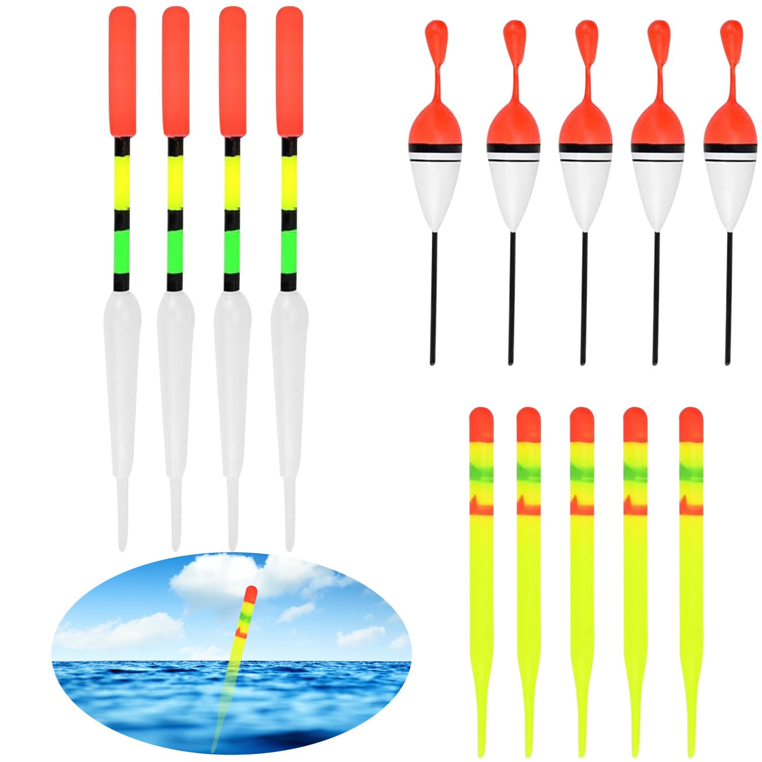 Uskerb 15 PCS Fishing Float Tackle Set, Fishing Floats Bobbers with Adjustable Spring Slip Bobbers Fishing Accessories for Bass Trout Crappie Catfish Fishing Gear