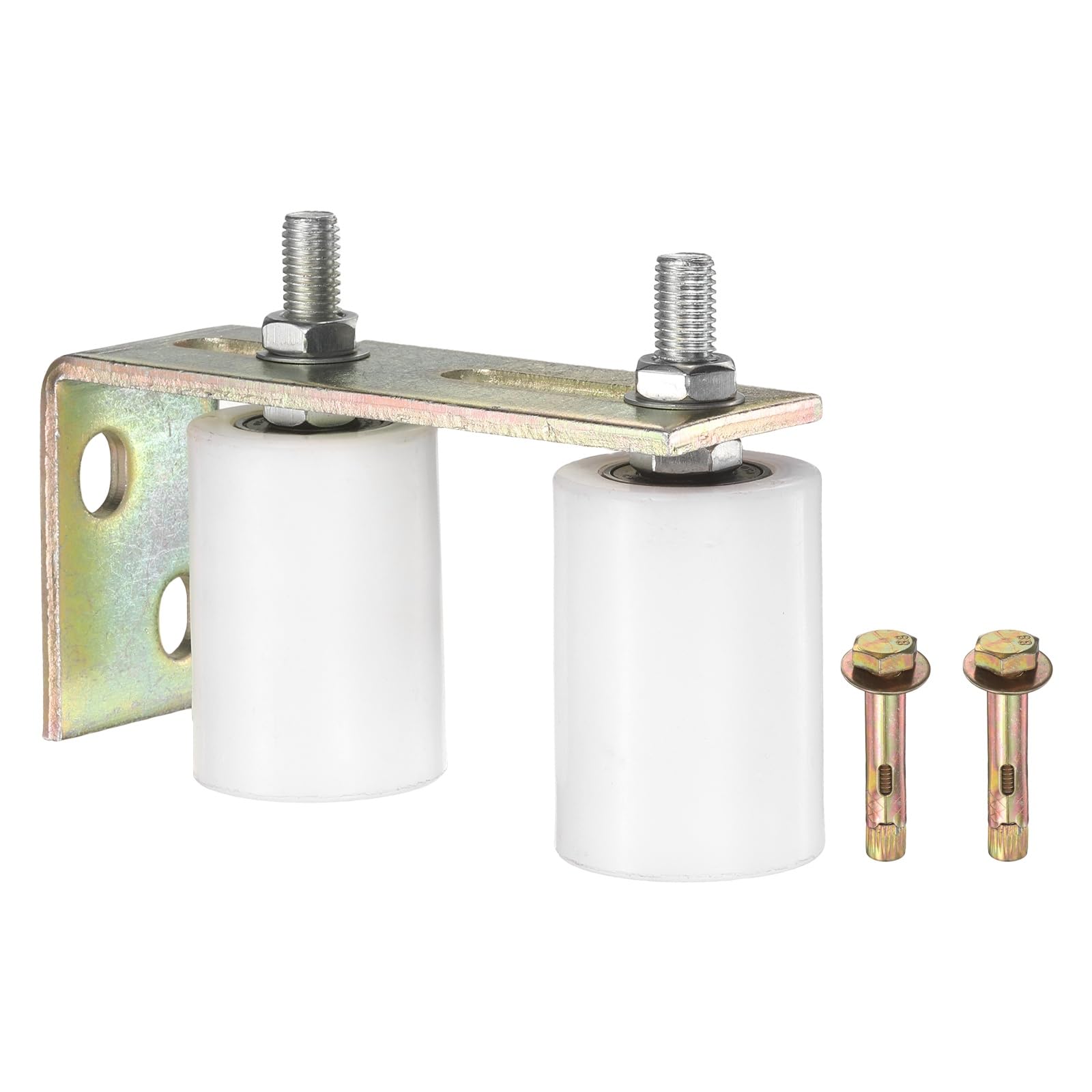 sourcing map 1 Set Slide Gate Guide Roller, 70mm L-Rear Post Bracket Nylon Rollers Gate, Adjustable Sliding Hardware Roller Kit for Sliding Grates Barn Rolling Door 50mm Dia, White