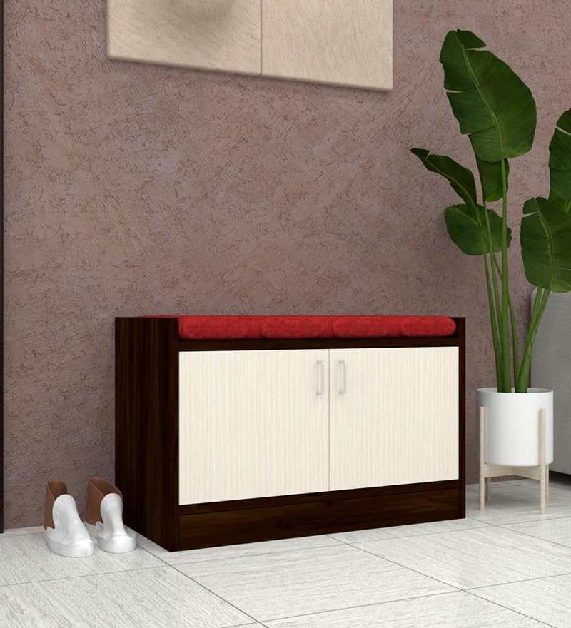 Image of SPECIALITY PANELS 2 Door Shoe Rack with Cushion | 2 Door Shoe Cabinet with Storage Bench | Shoe Organizer for Entryway Home Living Room | 75 x 49 x 37.5 cm Storage | DIY Assembly | Brown and White