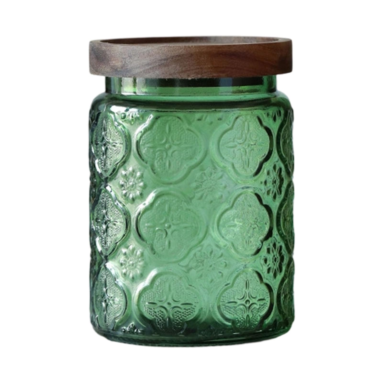 Tsophreniq Glass Jar for Food Storage Candies Embossed Sealed Airtights Wooden Lid Food Preservation Jar