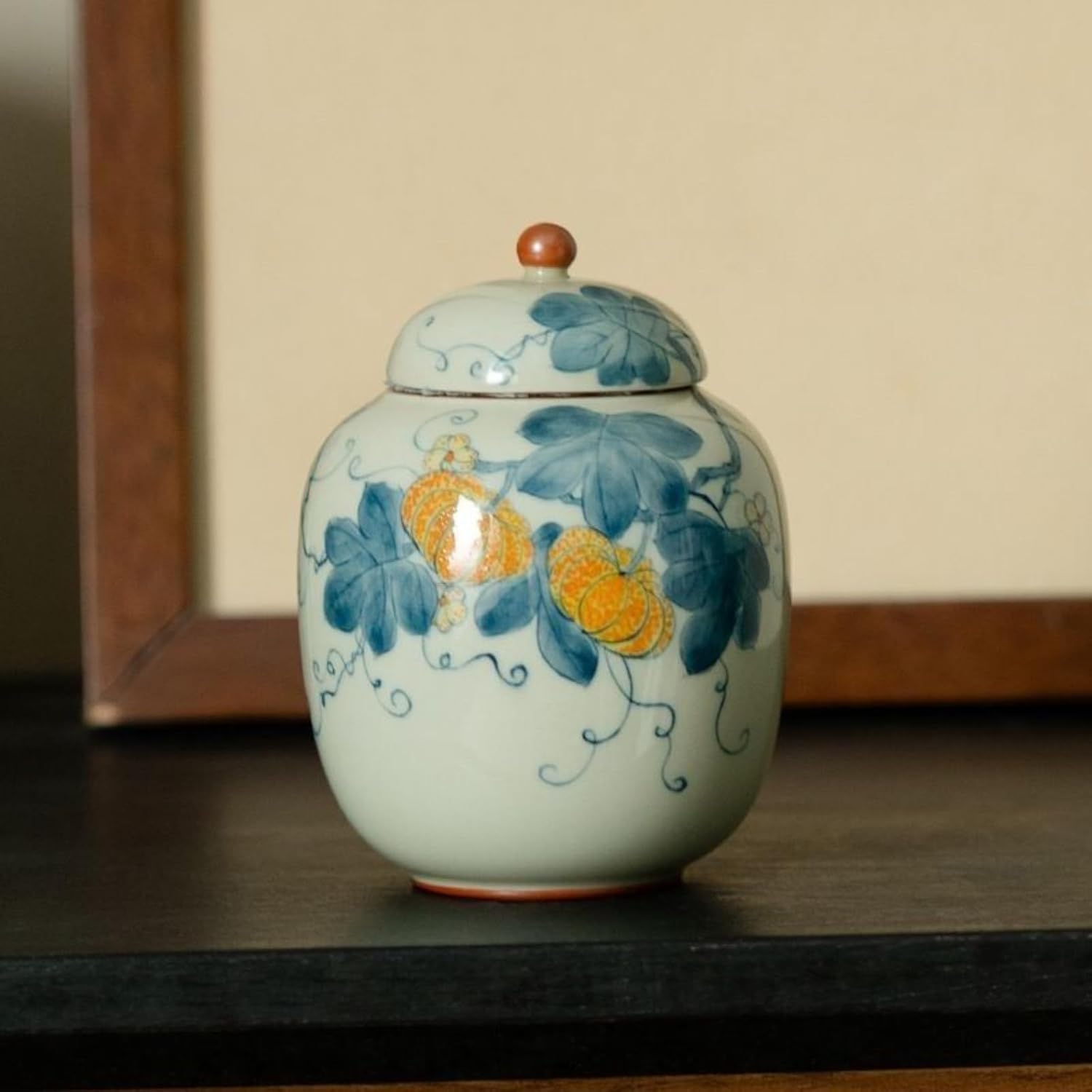 Chinese Style Hand-drawn Tea Canister, 270ml 9.1oz, Household Storage Jar Ceramic Tea Ceremony Accessories