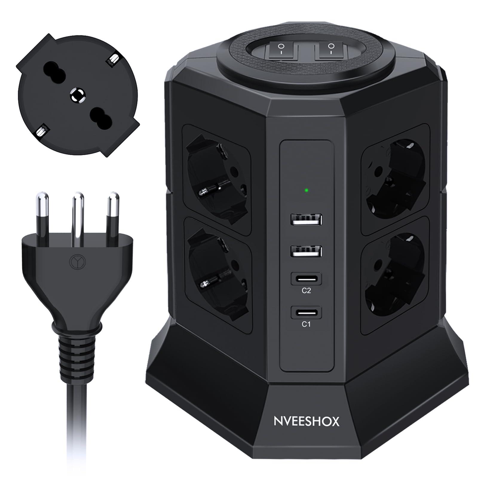 NVEESHOX Mehrfachsteckdose mit 8 Universalsteckdosen Schuko(4000W 10/16A) & 2 USB-C (20W PD3.0) & 2 USB-A, IT Mehrfachsteckdose vertikal mit Schalter mit Schalter, Kabel 2 m (schwarz)