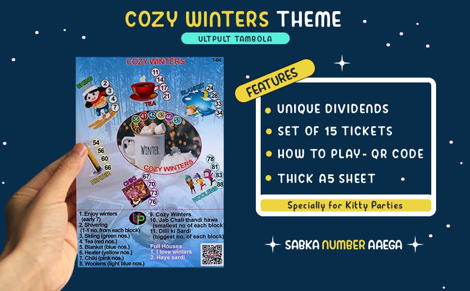 Image of Winter Theme Tambola Tickets | Cozy Winter Housie Tambola Themed Bingo Game| Kitty Party Theme Housie Tickets | English | for Family & Friends (Set of 15 Tickets)