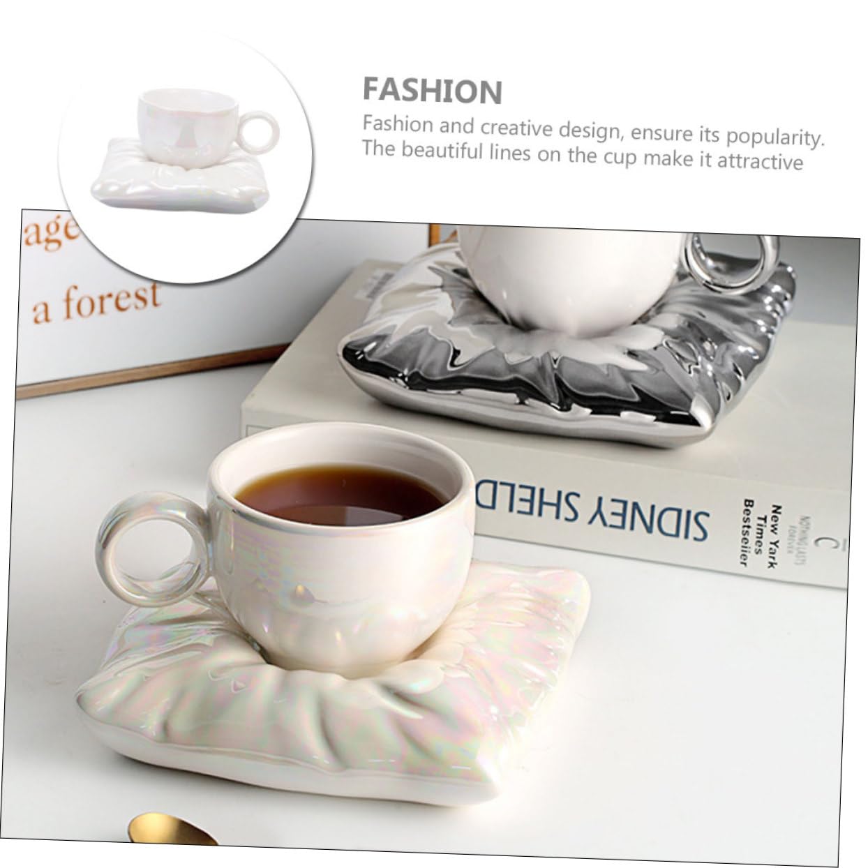 Mikinona Kaffeetasse 200ml aus Keramik mit Kissenförmigem Untersetzer | Weiß, Schlichtes Design mit Schönen Linien, für Tägliche Nutzung und Entspannung