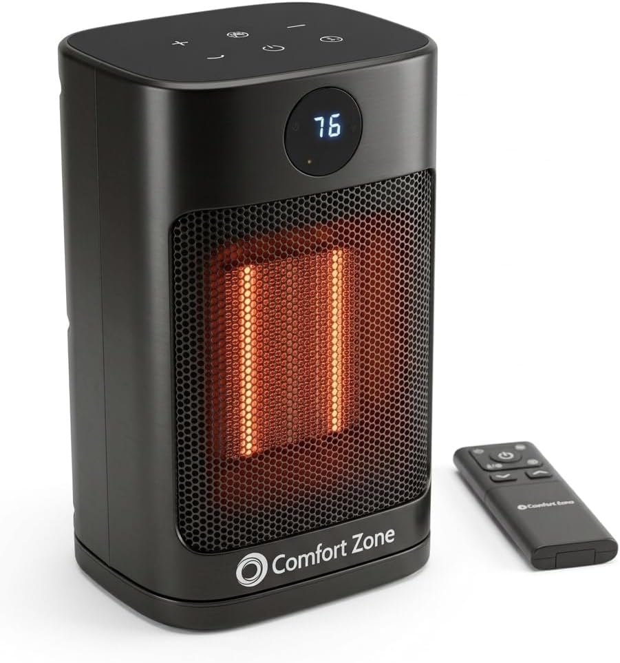 Comfort Zone 1500W Oscillating Desktop Heater – Portable Ceramic Space Heater with Remote, Digital Thermostat (50°F-90°F), ECO Mode, 12-Hour Timer, Child Lock & Stay-Cool Housing – Black