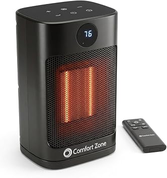 Comfort Zone 1500W Oscillating Desktop Heater Portable Ceramic Space Heater with Remote, Digital Thermostat 50F-90F, ECO Mode, 12-Hour Timer, Child Lock & Stay-Cool Housing Black