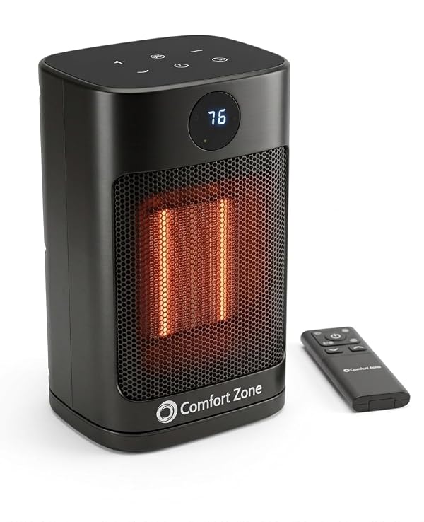 Comfort Zone 1500W Oscillating Desktop Heater – Portable Ceramic Space Heater with Remote, Digital Thermostat (50°F-90°F), ECO Mode, 12-Hour Timer, Child Lock & Stay-Cool Housing – Black by Comfort Zone - Used condition - US$13.01