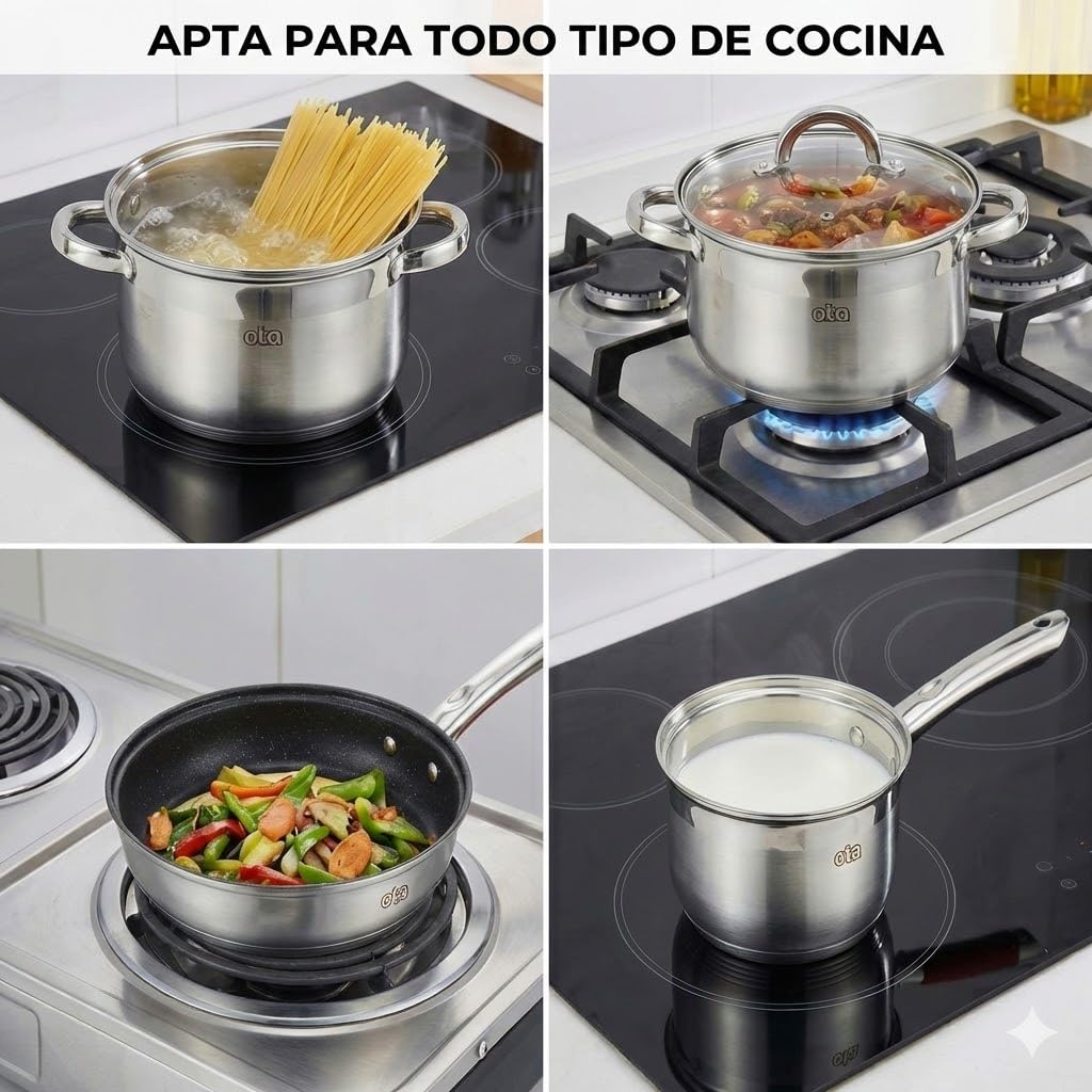 Batería de Cocina 12 Piezas Acero Inoxidable con Tapas de Vidrio, Sartén con Revestimiento de Mármol, Apta para Todo Tipo de Cocinas