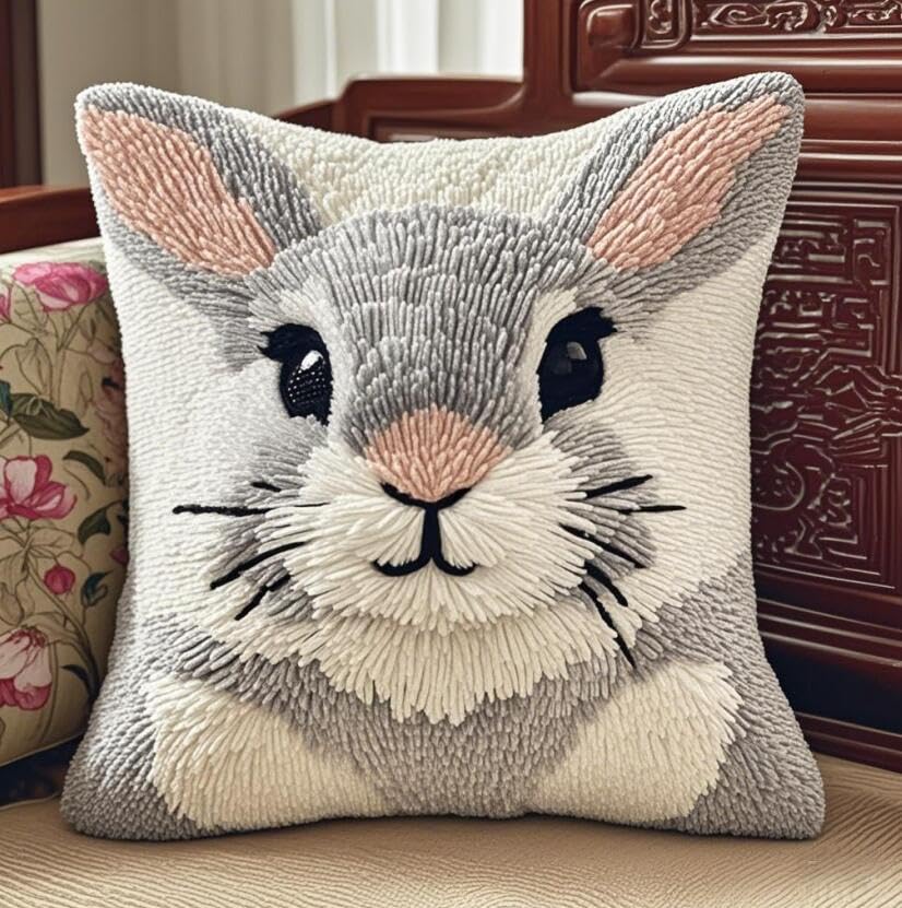 Kit Latch Hook Lapin Gris Coussin Broderie Canevas Imprimé Crochet pour Débutant DIY
