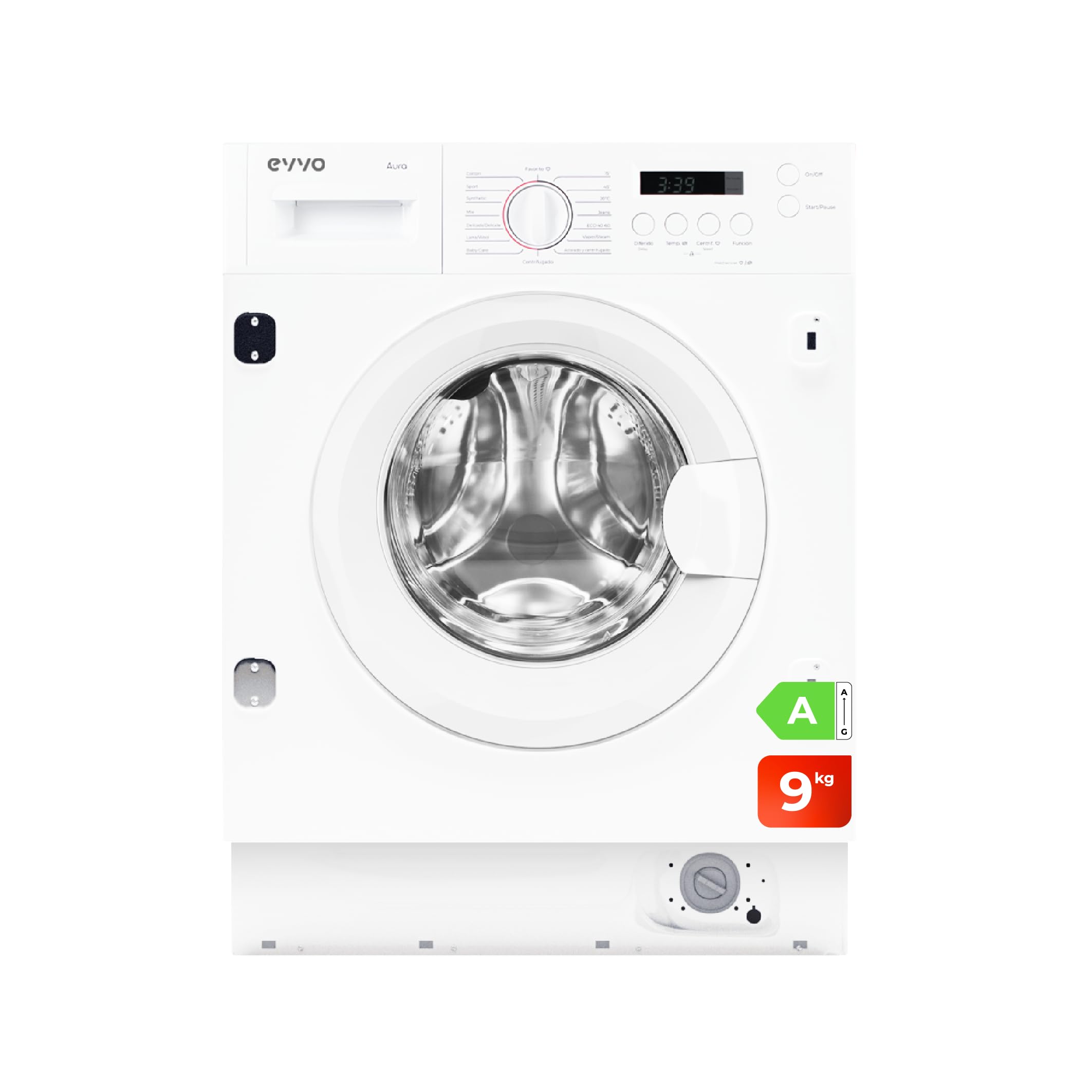 EVVO Lavadora Integrable 9kg, Vapor, Eficiciencia Clase A, Motor Inverter, Lavado Rápido 15', Bajo consumo, 1350 rpm, 15 programas, Carga frontal, Blanco, Aura (9Kg) Etiqueta Energética