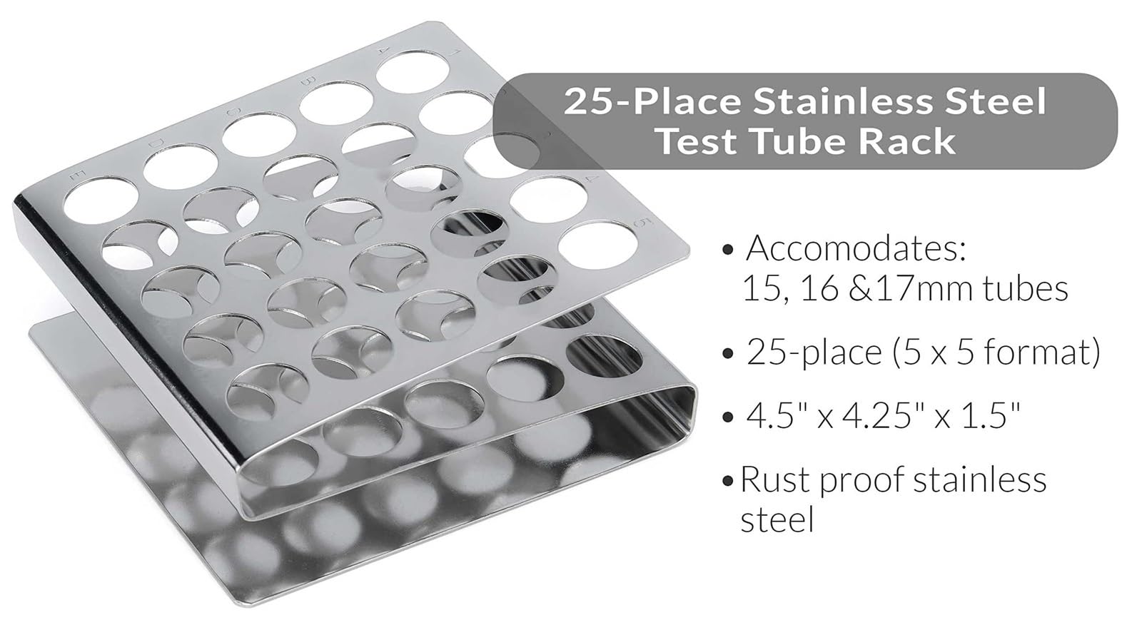Acryl-Prüfrohrstahl, Silbernes Edelstahl-Reagenzglasgestell, Z-förmiger Ständer, 16/17-mm-Röhrchen, 25 Löcher, 4,5 x, 1, Zoll