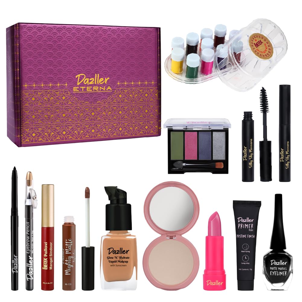 Dazller Grand Glam Kit - Medium Skintone, All-in-One Makeup Set with Primer, Liquid Foundation, Kajal, Mascara, Eyeshadow & More, Long-Stay, Lightweight, Water-Resistant, Suitable for All Skin Types