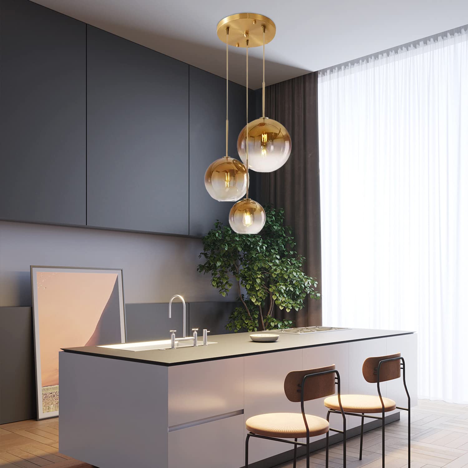 Lámpara colgante de Globo Dorado con Cristal degradado Color Canela. Lámpara colgante para Mesa de comedor. Lámpara de techo Moderna Ajustable E27 para cocina, Bar, restaurante, Lo