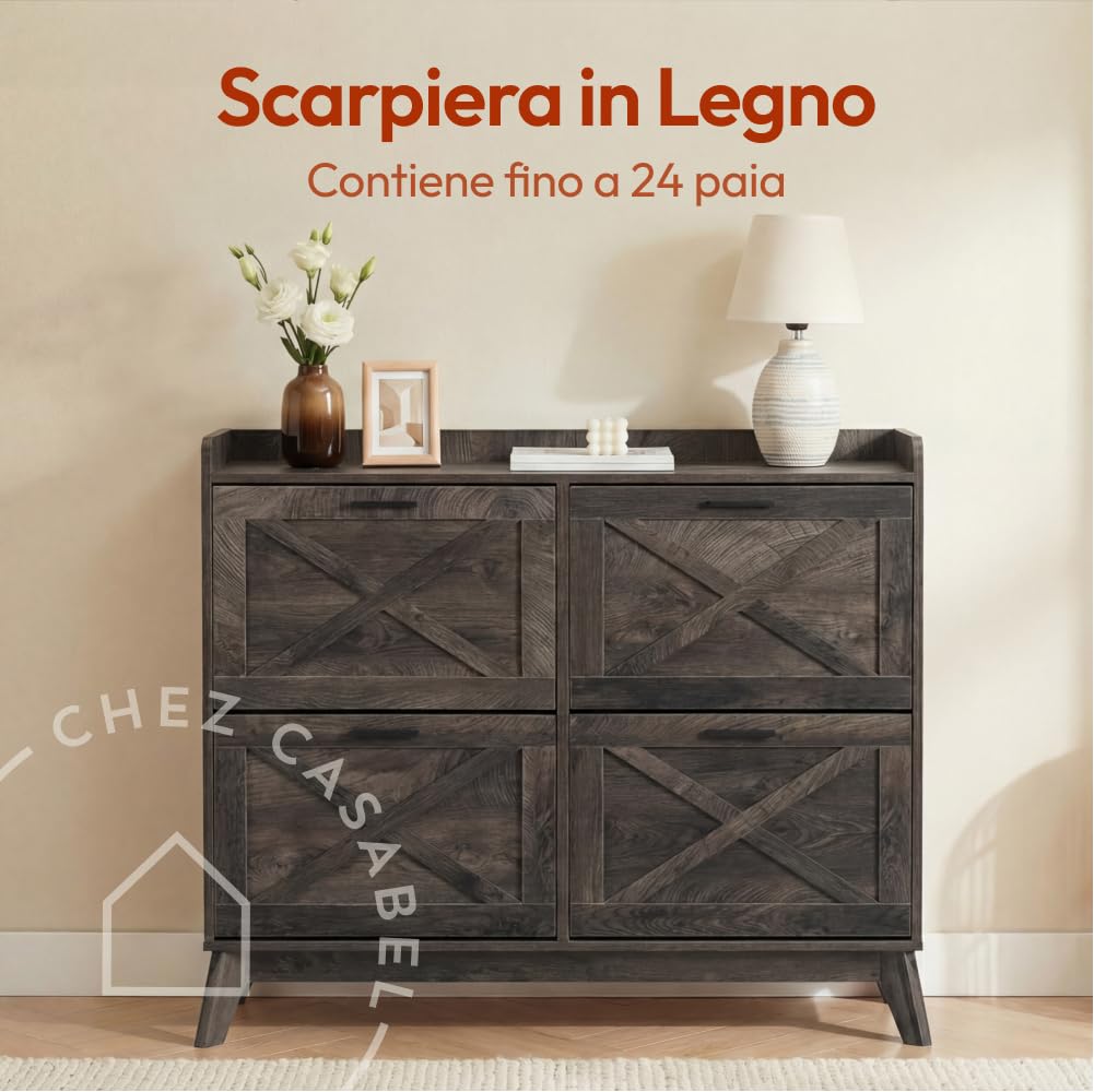 CASABEL Scarpiera 4 Ribalte, Frontali con motivo a croce, Legno Scuro, Design Funzionale, Grande Capacità 24 Paia, Mobile Pratico per Corridoio, Ingresso o Soggiorno, 114x24x96 cm
