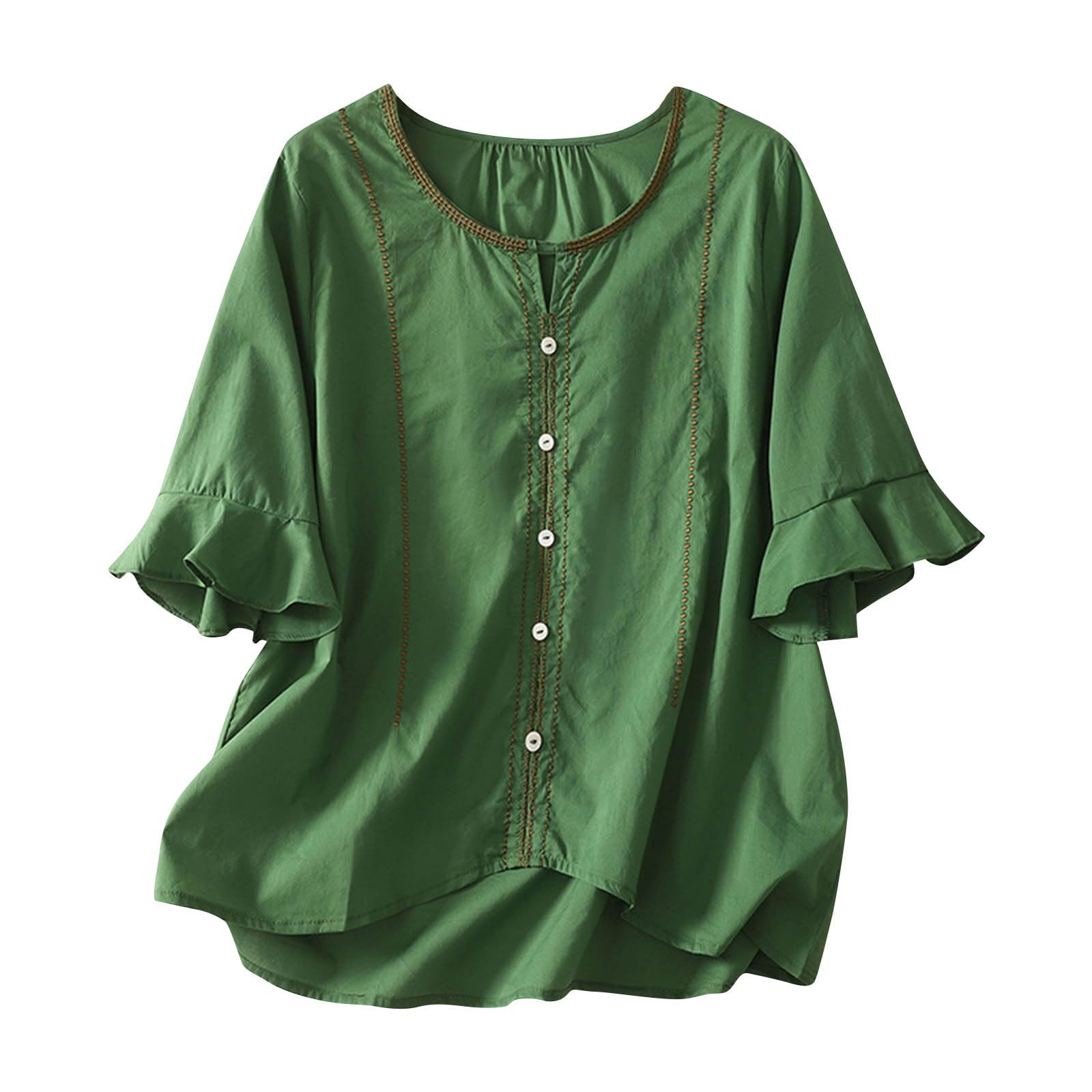 Cotton Linen Shirts for Women Casual Crew Neck Ruffle Half Sleeve Blouse Vintage Loose Button Up 2025 Summer Shirts