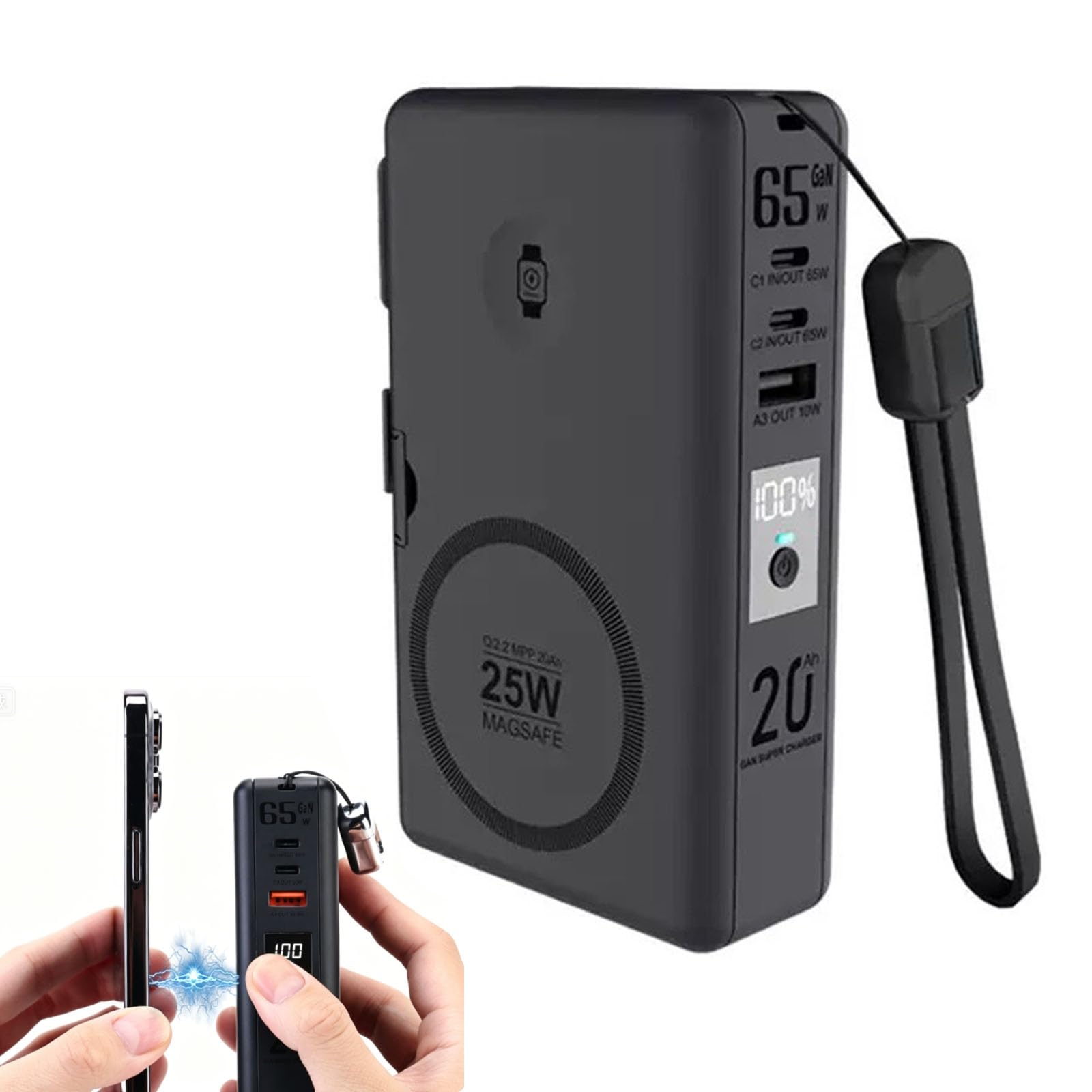 Power Bank USB 6 en 1 con Carga Rápida GAN 65W,Batería Externa Magnética de 20000 mAh,Cargador Inalámbrico Qi2 25W,Adaptador Viaje con Enchufe EU y Estación Carga para iPhone/iPad/Watch