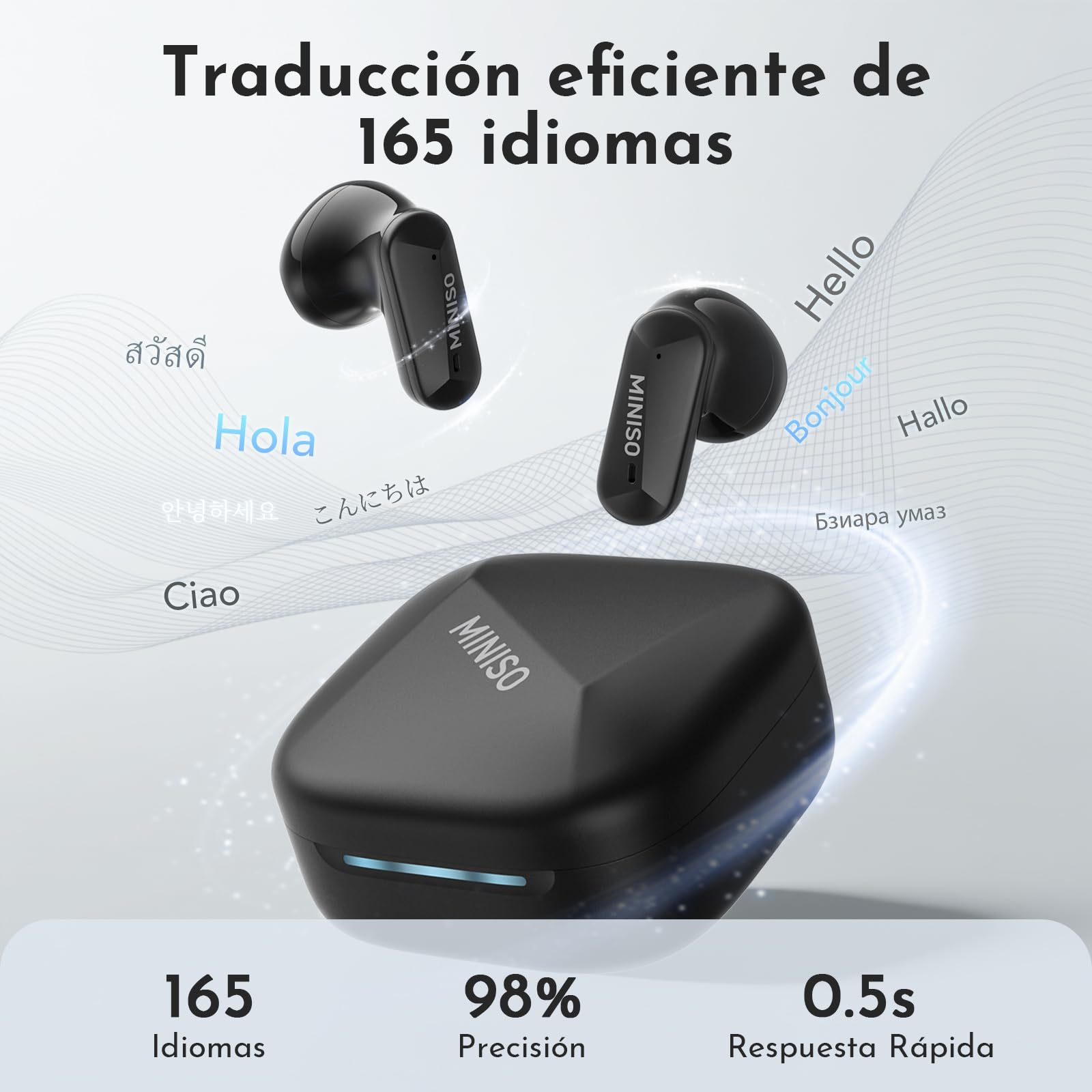 MINISO MS119 Auriculares Traductor en Tiempo Real,Auriculares Traductores Simultaneos IA 3 en 1, 165 Idiomas y 9 Modos de Traducción, Bluetooth 6.0, 48H de Autonomía para Viajes, Negocios y Estudios