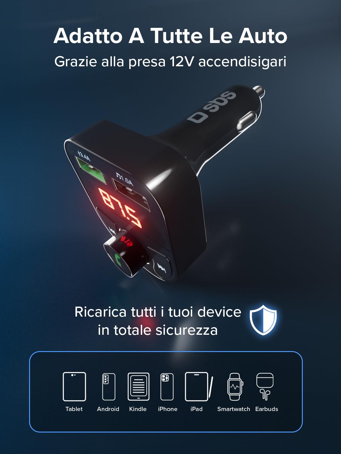 SBS Carica Batteria Auto 15W, Presa Accendisigari 12V, Ricarica Rapida | Trasmettitore FM Bluetooth, Vivavoce, MP3, Lettore Audio, Display LCD, Comandi Integrati, Ingresso MicroSD, Nero