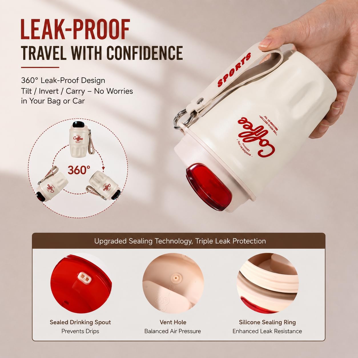 Gobelet isotherme pour café avec couvercle et poignée - Tasse de voyage portable en acier inoxydable 316 - Double paroi pour boissons chaudes et froides (rouge, affichage de la température)