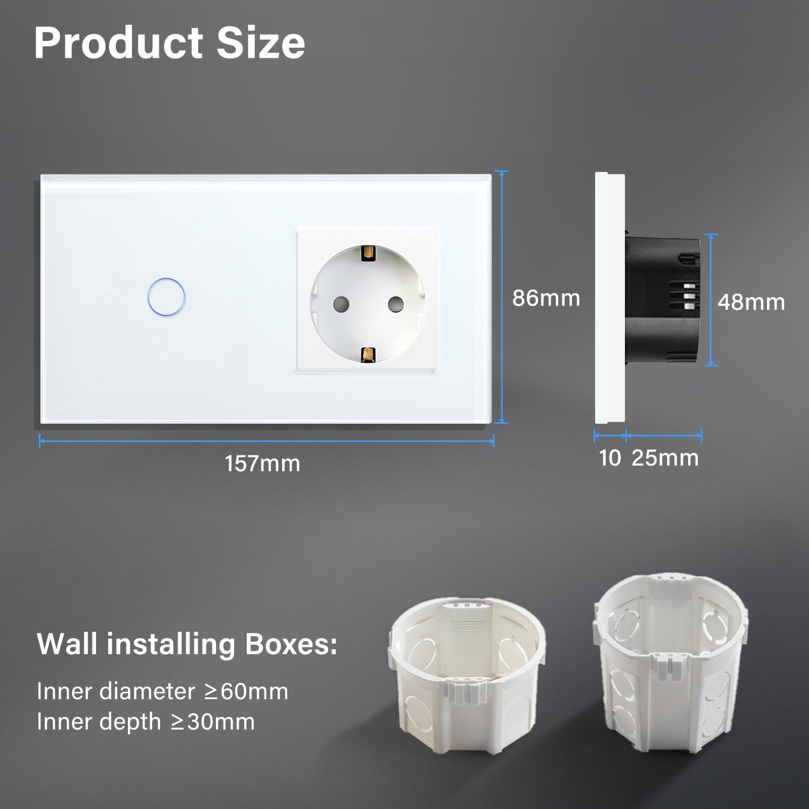 BSEED Interruptor táctil y enchufe pared,Panel de Vidrio con pulsador LED,Conmutador Modernos,Sin Función Wifi,1 Gang 1 Vía+1 Enchufe,157mm Blanco — view 5