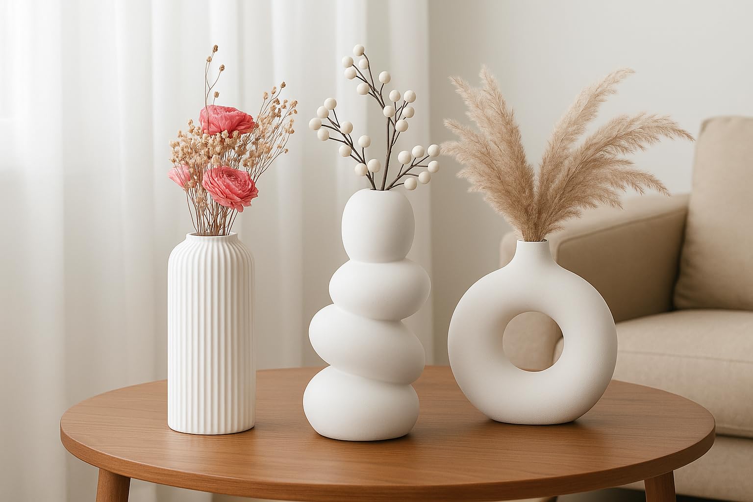 SPHINX Set of 3 Modern White Ceramic Vases – Ribbed Cylinder, Pebble Stack, Donut Shape – Minimalist Home Decor Flower Vases for Pampas Grass, Living Room Table Centerpiece, Shelf Decor