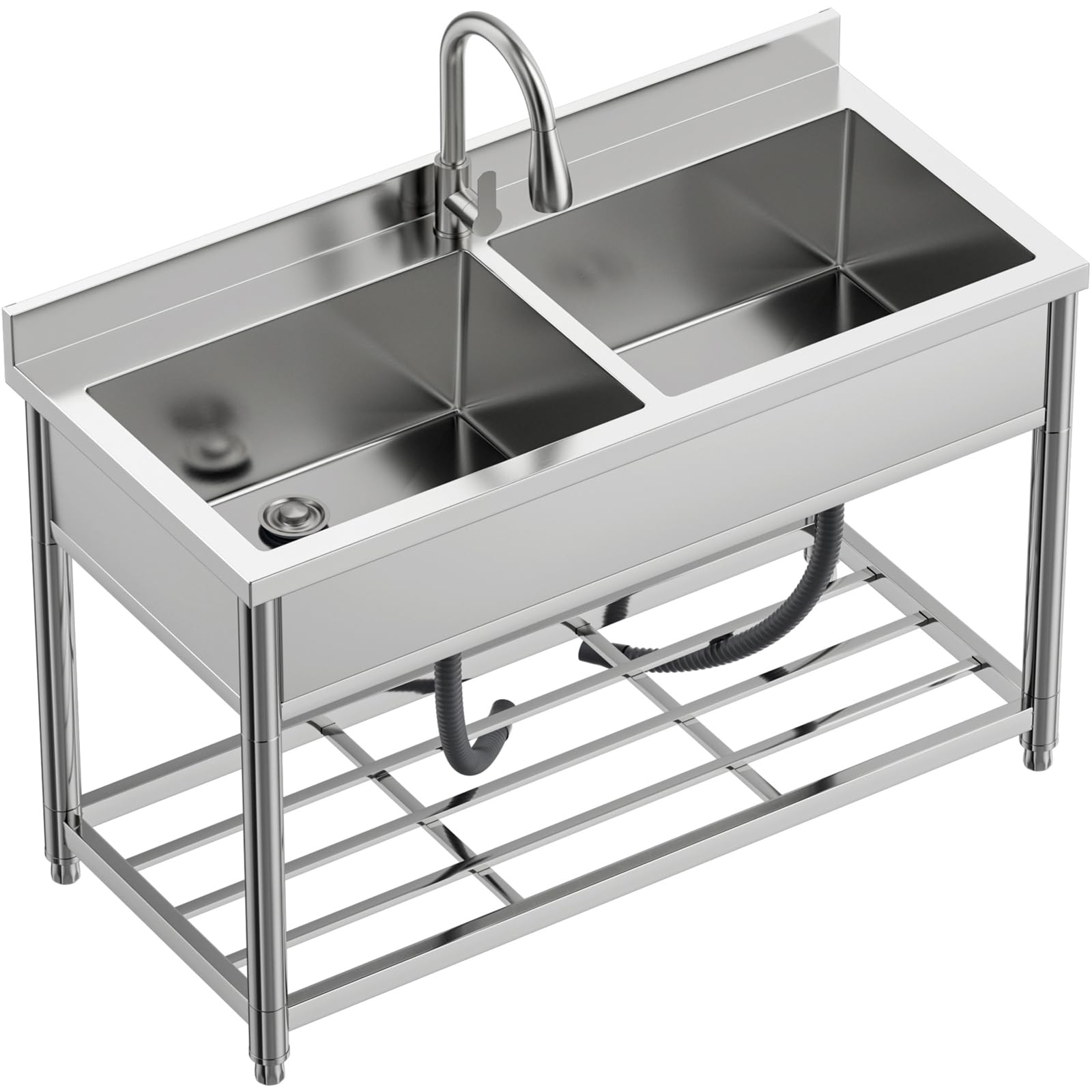 Lavello Indipendente in Acciaio Inox 2 Vasche, Lavandino Industriale con Rubinetto, Lavandino da Esterno, Lavello Professionale per Cucina, Garage, Lavanderia, Ristorante, 55P x 120L x 94H cm
