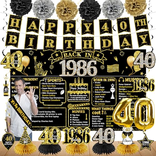 Zirtorei 40th Birthday Decorations for Men Women 21pcs the Year 1986 Banner Balloon Party Supplies Black Gold 40 Year Old Birthday Backdrop 40 Bday Honeycomb Centerpiece Hanging Swirls Sash Gifts