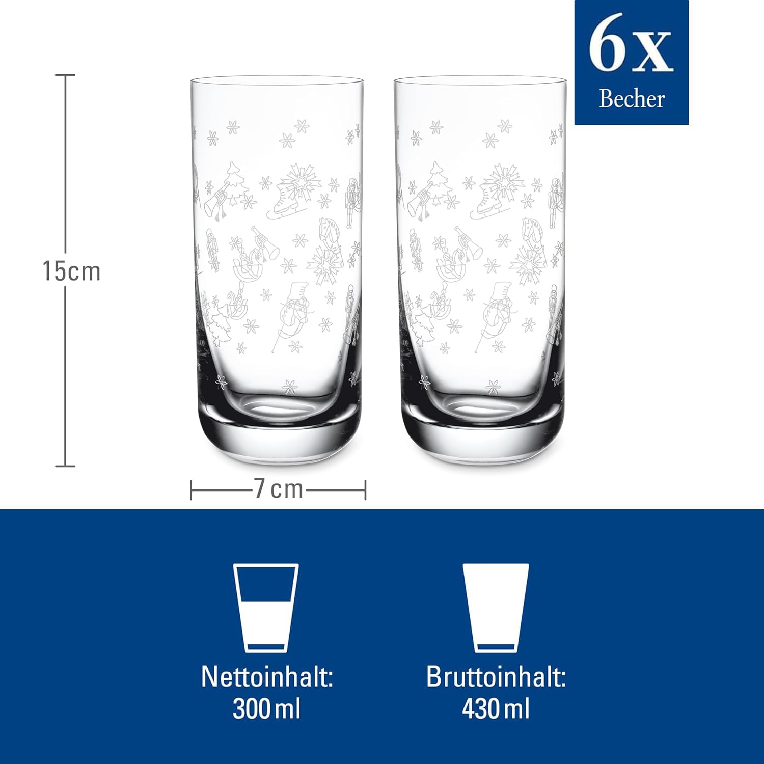 Villeroy & Boch Toy's Delight Lot de 12 verres à long drink (300 ml) et 6 verres à eau (250 ml) avec motif pantographie de Noël en cristal transparent