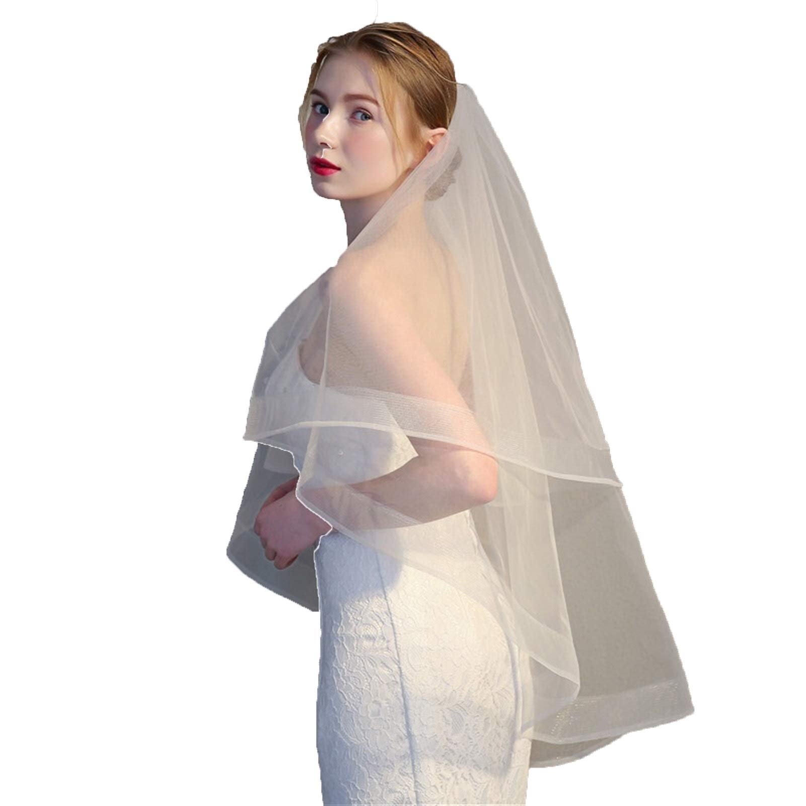 Generic Nozze Due Strati Bridal Veils Nastro Edge Wedding Wedding White Avorio Semplice Due Strati Brevi Donne Veli con Accessori for Pettine Versare Mariage (Color : White)