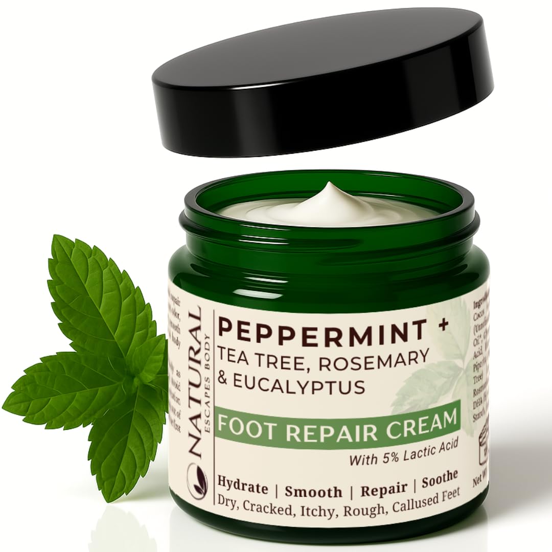 Natural Escapes Peppermint + Rosemary, Eucalyptus & Tea Tree Foot Cream for Dry Cracked Heels and Feet - Moisturizing Foot Lotion for Cracked Heel Repair - Callus Remover with Lactic Acid (4 oz)