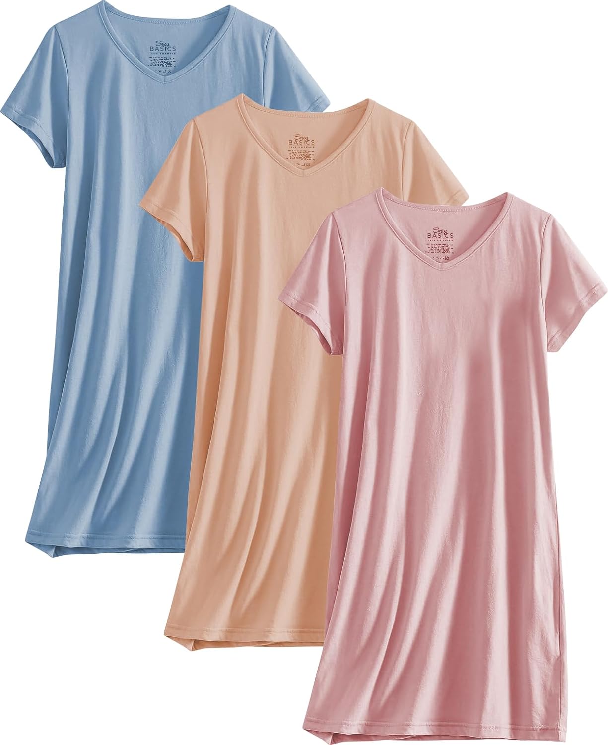 Sexy Basics Women's Soft & Flowy V-Neck Long Shirt |24/7 Nightwear-Sleepwear T Shirt -Pack of 3