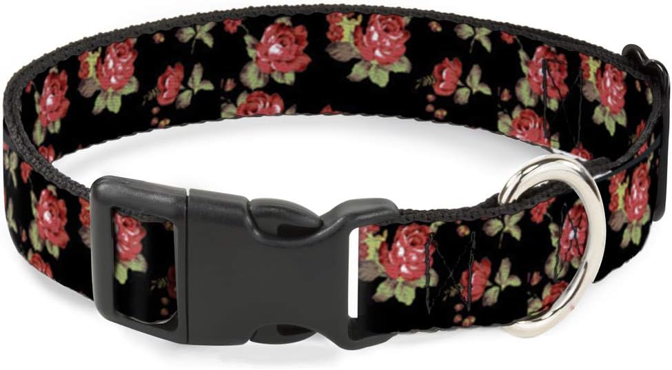 Buckle-Down 16-23" Red Roses Scattered Black Plastic Clip Collar, Wide Medium