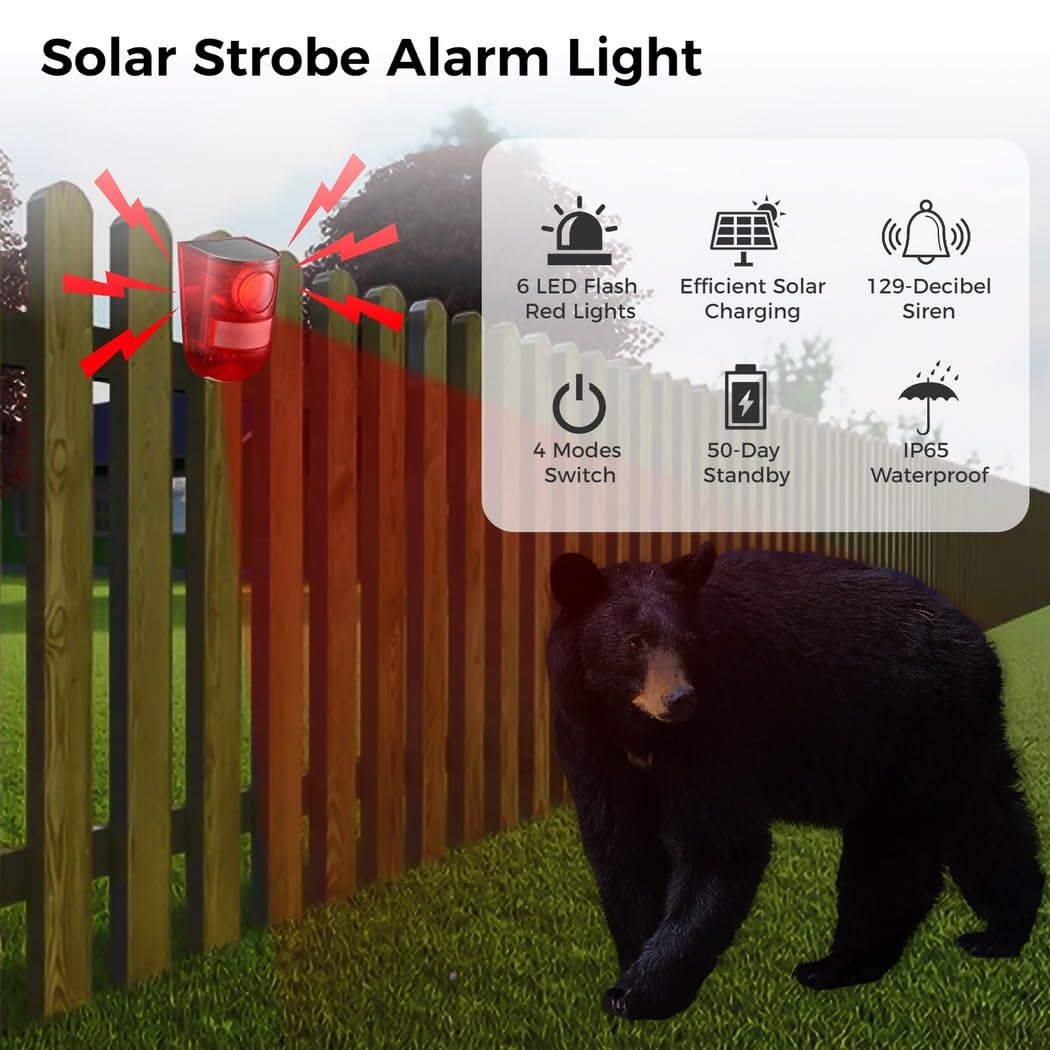 Luz de sirena de seguridad impermeable al aire última intervensión, luces de alarma solares con detector de movimiento, 3 piezas, 6 luces LED rojas intermitentes y sirena de 129 Db, 4 modos de luz de