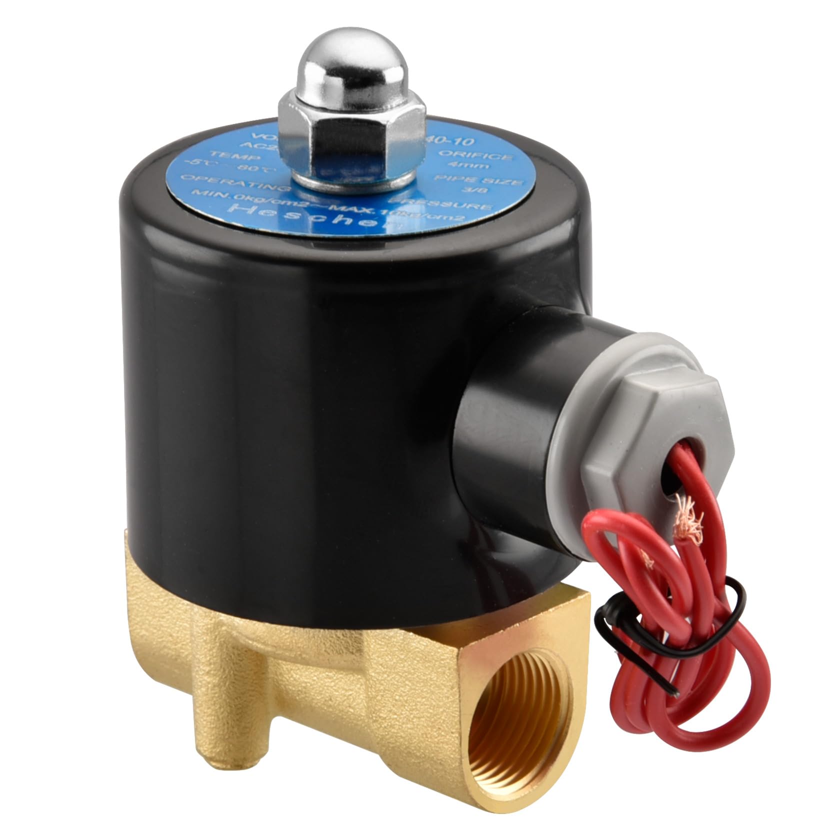 Heschen Black Brass Electric Solenoid Valve, 2W-040-10, Pt3/8'', Ac220v, Direct Action Water Air, Normally Closed Replacement Valve